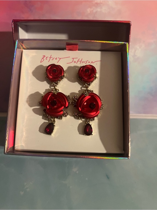 Betsey Johnson Jewelry - Betsey Johnson Red Rose Drop Earrings with Ruby Teardrops